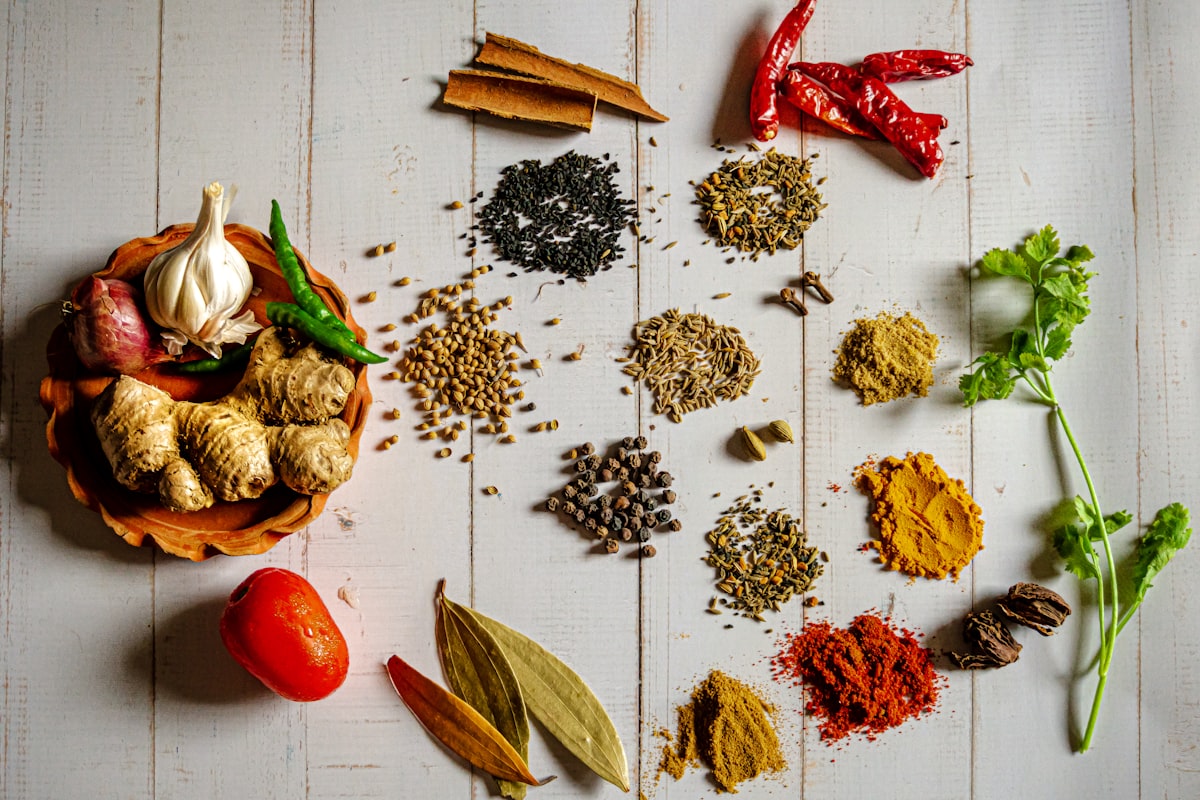 Bowls of whole and ground Asian spices